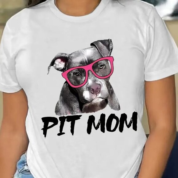 Julia A Other - Pit Mom Dog Graphic Print T-Shirt Casual Pet Lover Gift Short Sleeve Tee 05